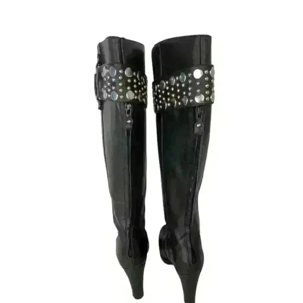 Frye Black Katie Heel Leather Tall Heels Pointed Toe Studded Band Sz 6.5M - Picture 4 of 16